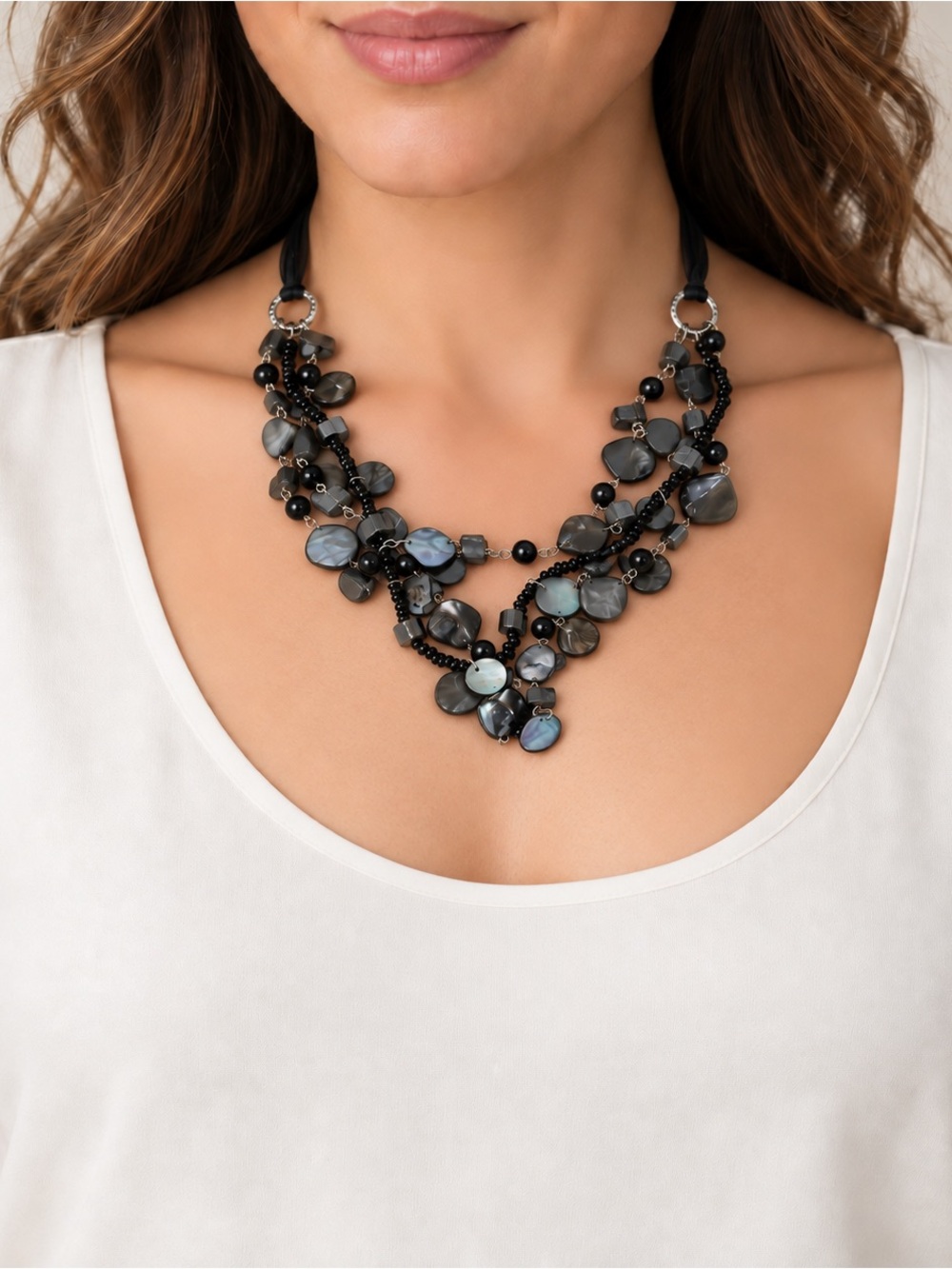 Women's Black Multi-Strand Shell Bead Necklace